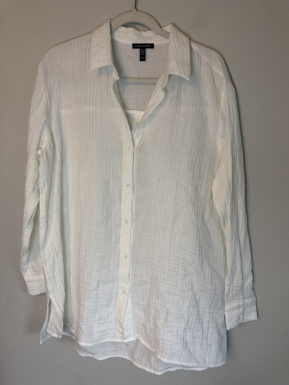 Eileen Fisher Organic Cotton Lofty Gauze Classic Collar Shirt White L NEW $148